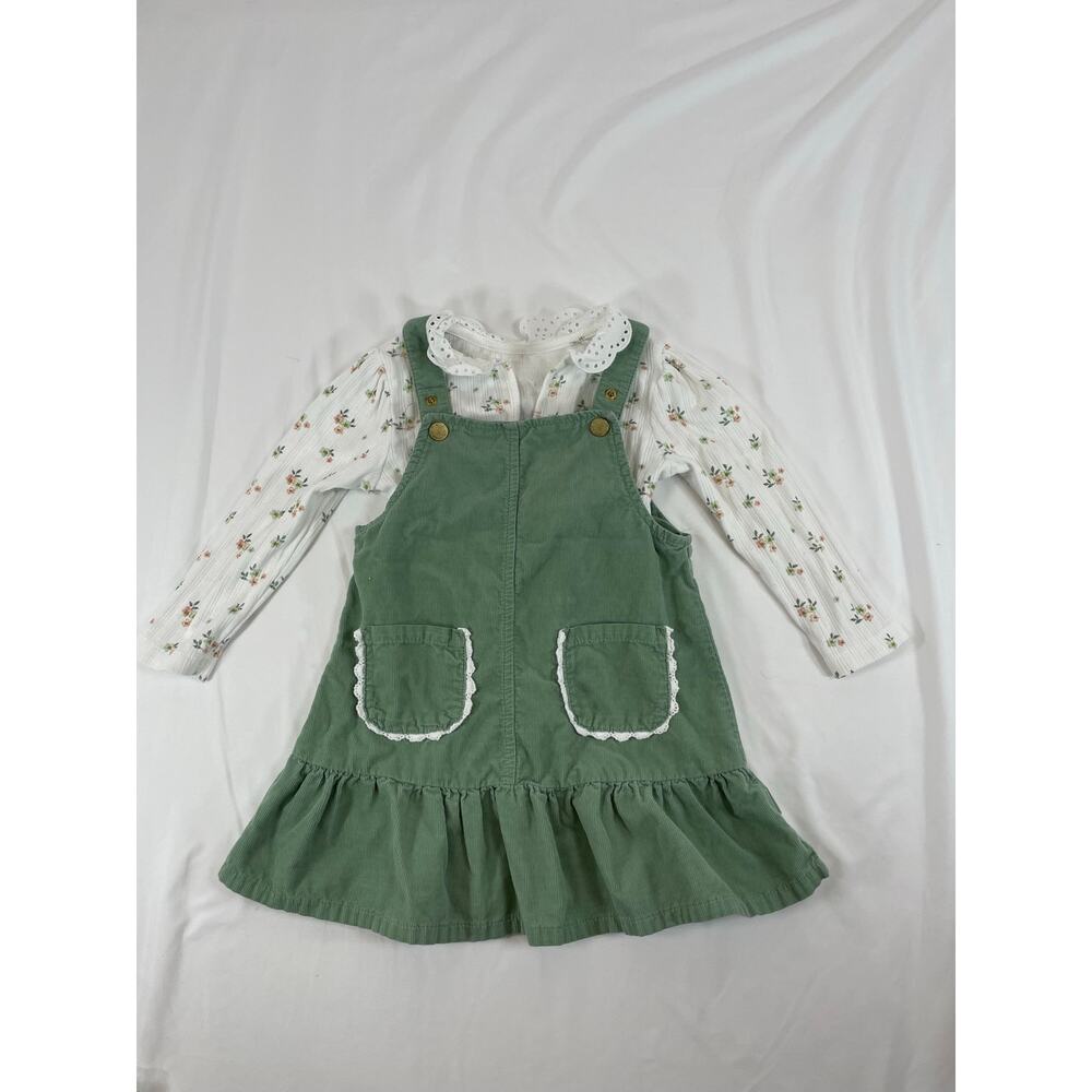 Little Me 2pc Corduroy Jumper Dress Floral Pointelle Shirt Set Green White 24M